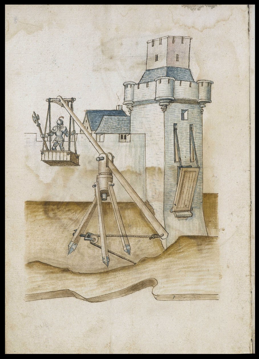 Gravepassasjesystem med spak - Manuskript: pergamentark av en ingeniørhåndbok for bygging av sivile, religiøse og militære bygninger, anonym, sent på 1400-tallet (figur med kinesisk blekk) av Unknown artist