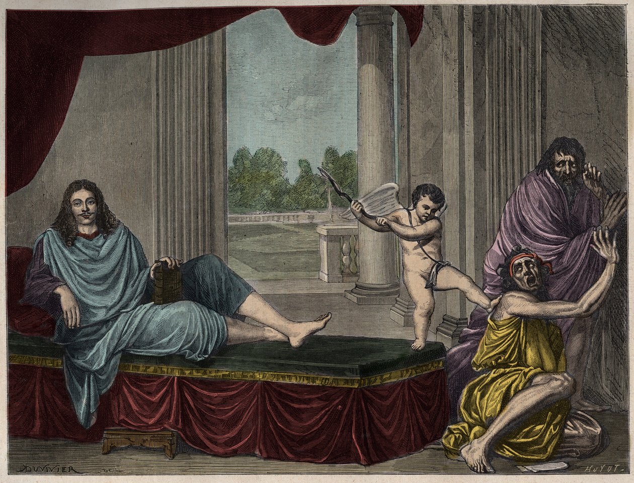Moliere Jean Baptiste Poquelin (1622-1673) som fremkaller komediens ånd for å forkaste laster og avskaffe hykleri - Gravering etter et maleri som forsvant fra 1600-tallet av Unknown artist