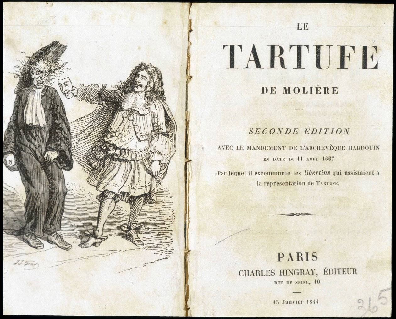 Moliere skremmer en prest ved hjelp av en teatermaske - Frontispice du “Tartuffe”” (Tartufe) de Molière, red. Hingray, Paris av Unknown artist