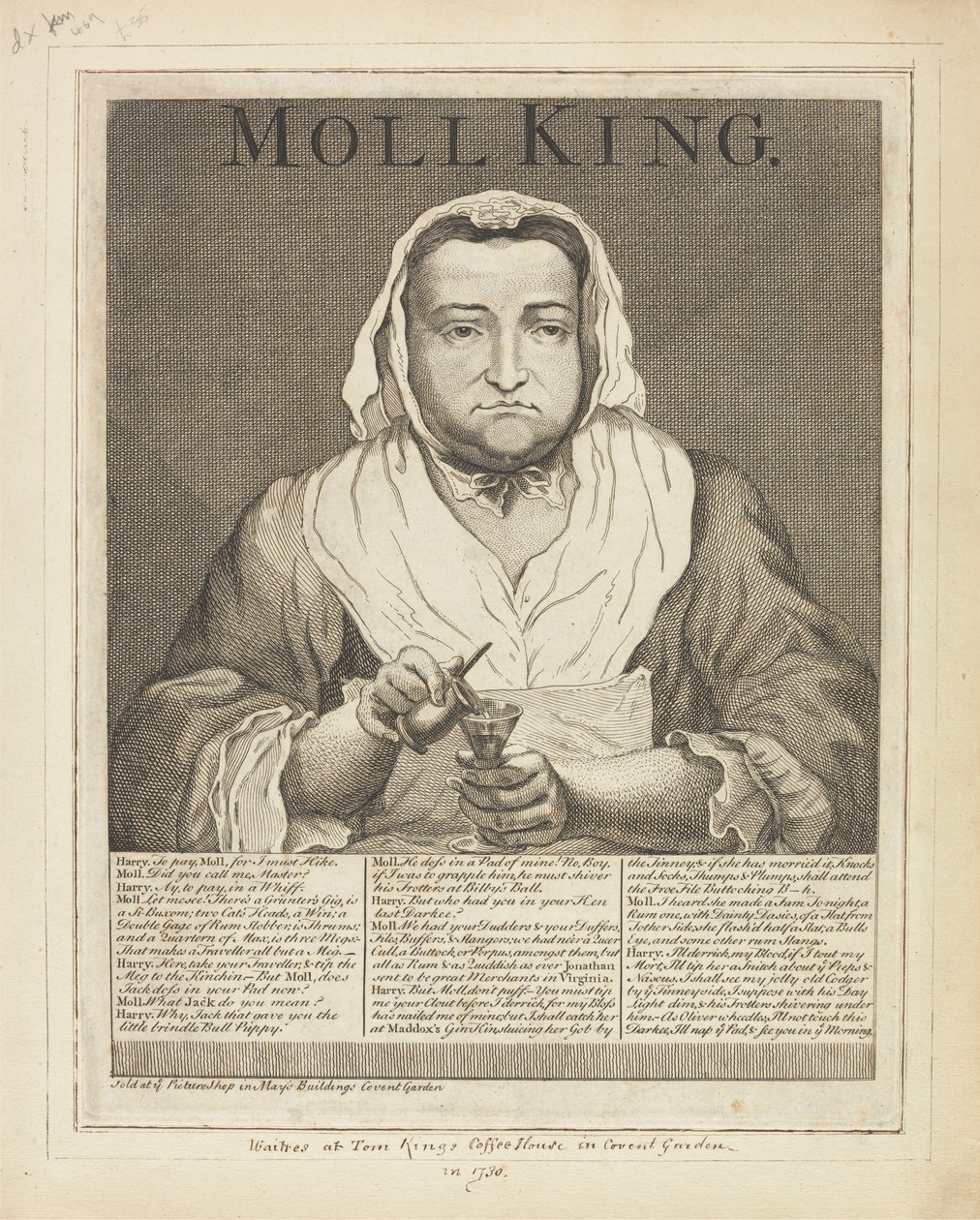 Moll King (Broadside Engraved Portrait of the Notorious Mistress of King's Coffee-House in Covent Garden...) av Unknown artist