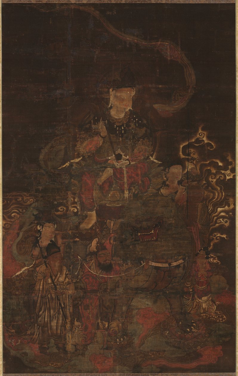 Monju Riding Lion med ledsagere av Unknown artist