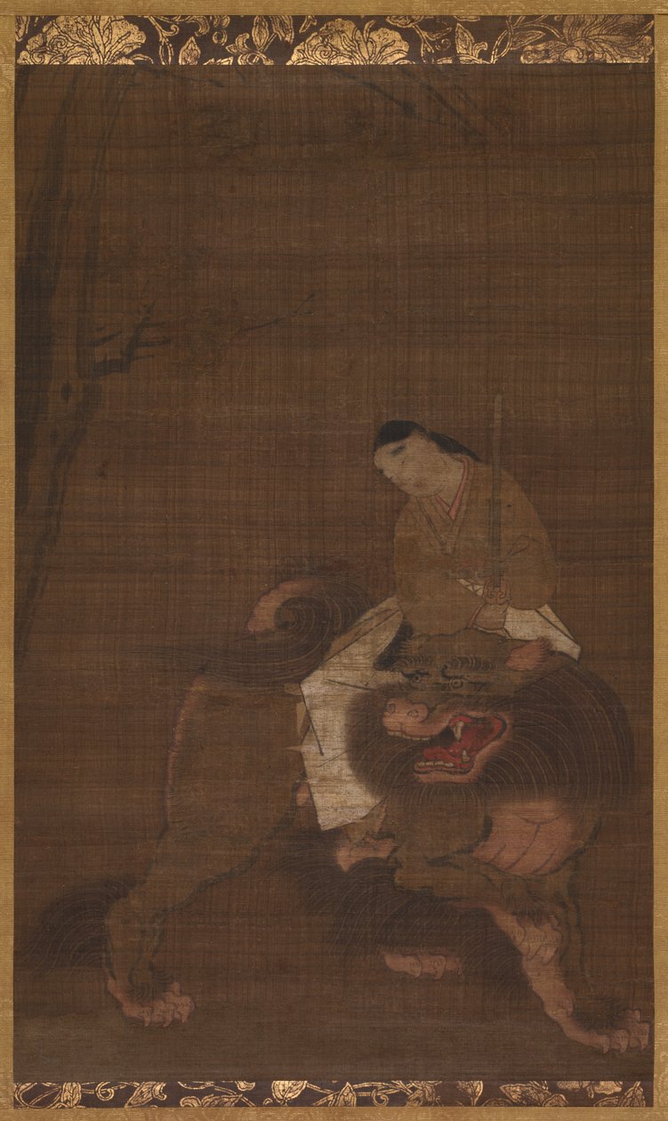 Monju som et barn som rir på en løve av Unknown artist