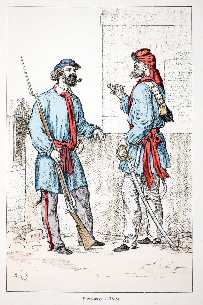 Fjellklatrere (1848). Etsning i farger, for illustrasjon "" History of the corps of peacekeepers""" bok utgitt i regi av Louis Lepine (1846-1933), prefekt for politiet på Seinen, av Alfred Rey (1864-?) og Louis Feron (1862) -?), editi av Unknown artist