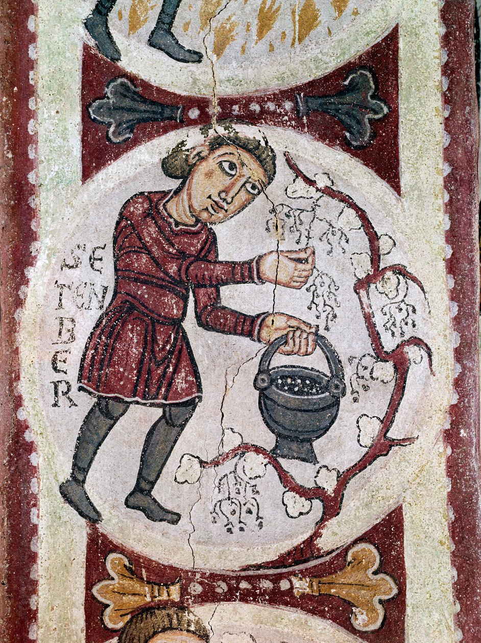 Månedssyklus: september (høst). Detalj av en freske fra 1100-tallet fra Royal Pantheon of the Real Colegiata of San Isidoro (Royal Collegiale of Saint Isidore). Leon. av Unknown artist