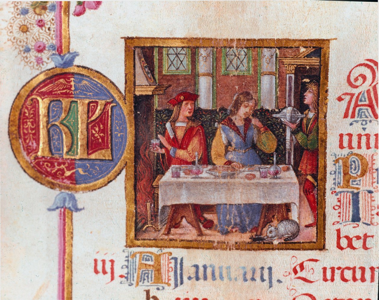 Januar måned: bankettscene. Miniatyr fra Breviary of Hercules (Ercole) I d'Este (1431-1505), hertugen av Ferrara 1400-tallet Modene, Biblioteca Estense av Unknown artist