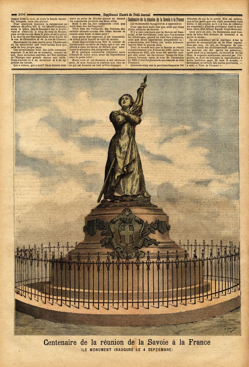 Monument til minne om hundreårsdagen for Savoys tilknytning til Frankrike (1792), av billedhugger Falguiere, innviet 4. september. Gravering i "" Le petit journal"" 10/10/1892. Selvas samling. av Unknown artist