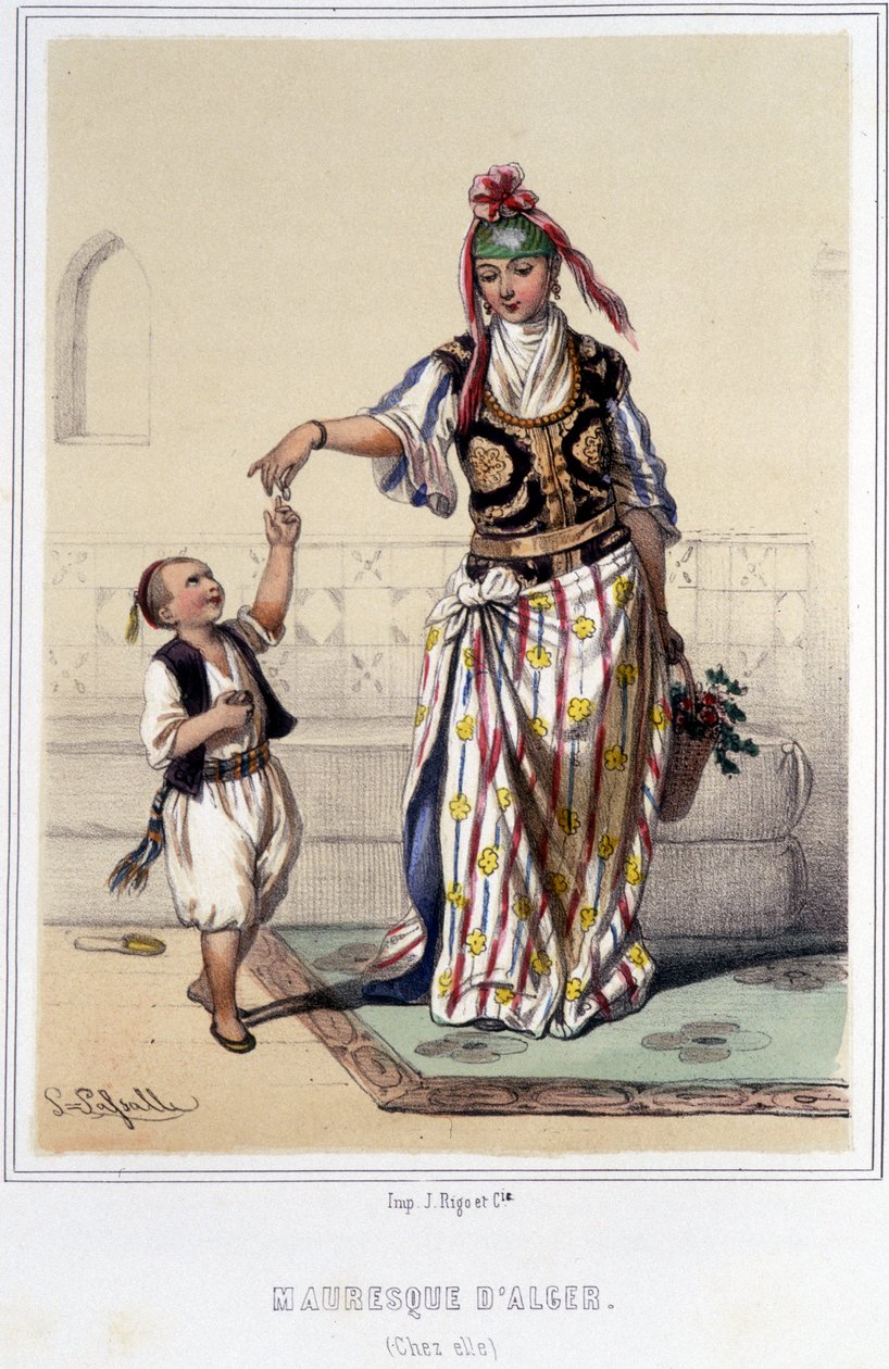 Maurisk kvinne ledsaget av et barn hjemme i Alger i løpet av andre halvdel av 1800-tallet. av Unknown artist