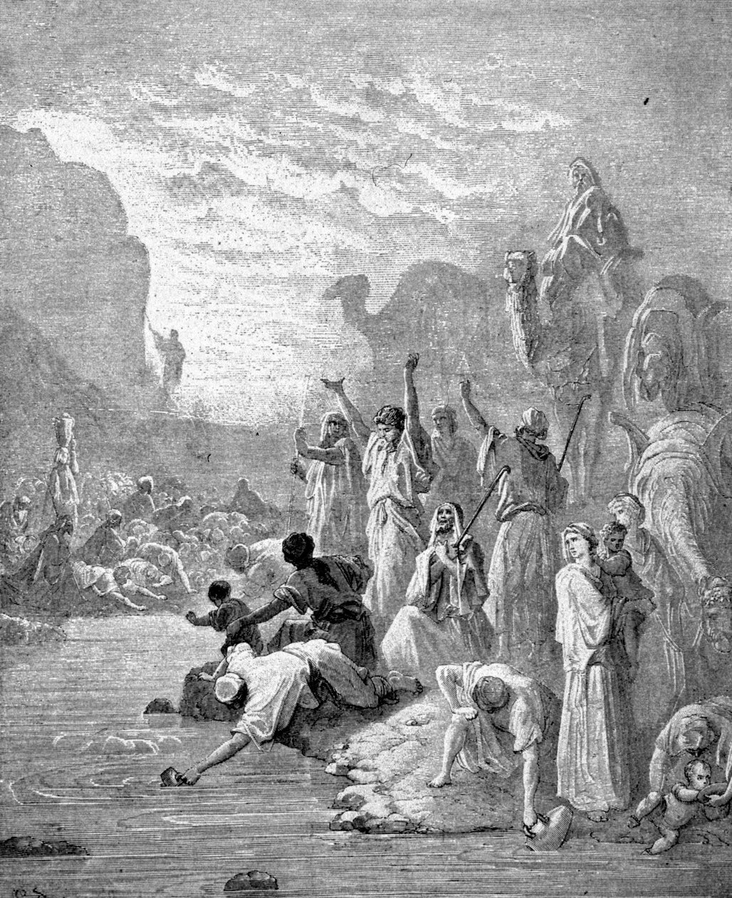 Moses får vann til å renne ut av fjellet. av Unknown artist