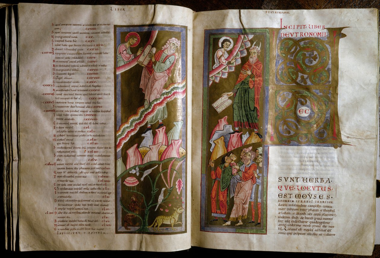 Moses mottar lovens tabeller Dobbeltside av manuskriptet “” Gebhardt Bibel”” (Admont) (f.68v., 69r) 12. århundre Wien Osterreischische Nationalbibliothek av Unknown artist