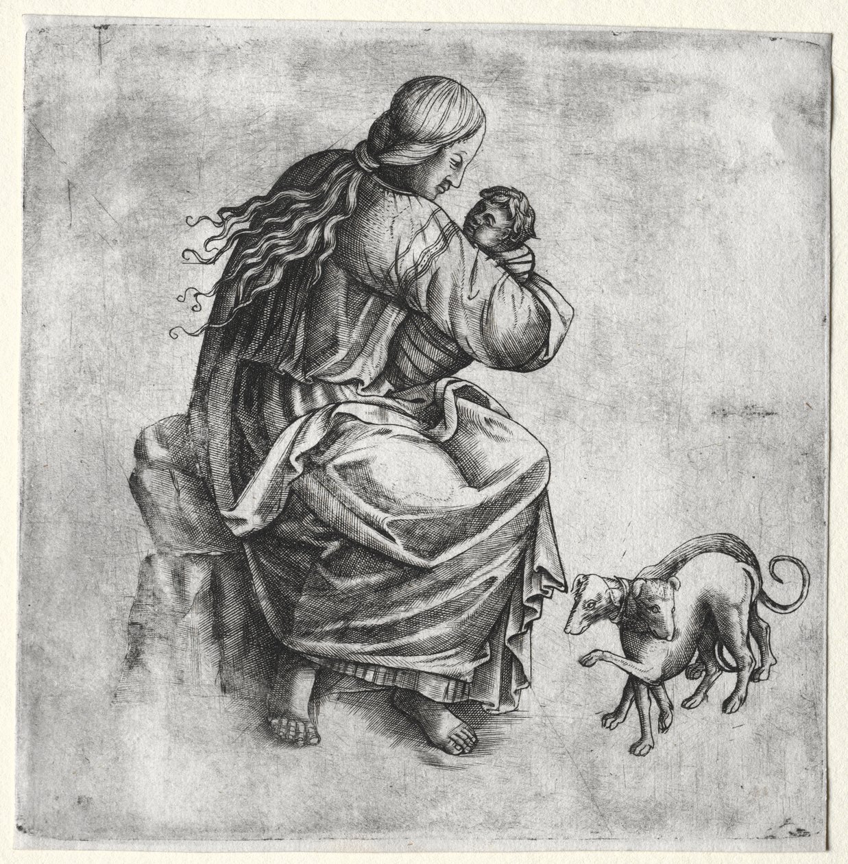 Mor og barn med to hunder av Unknown artist