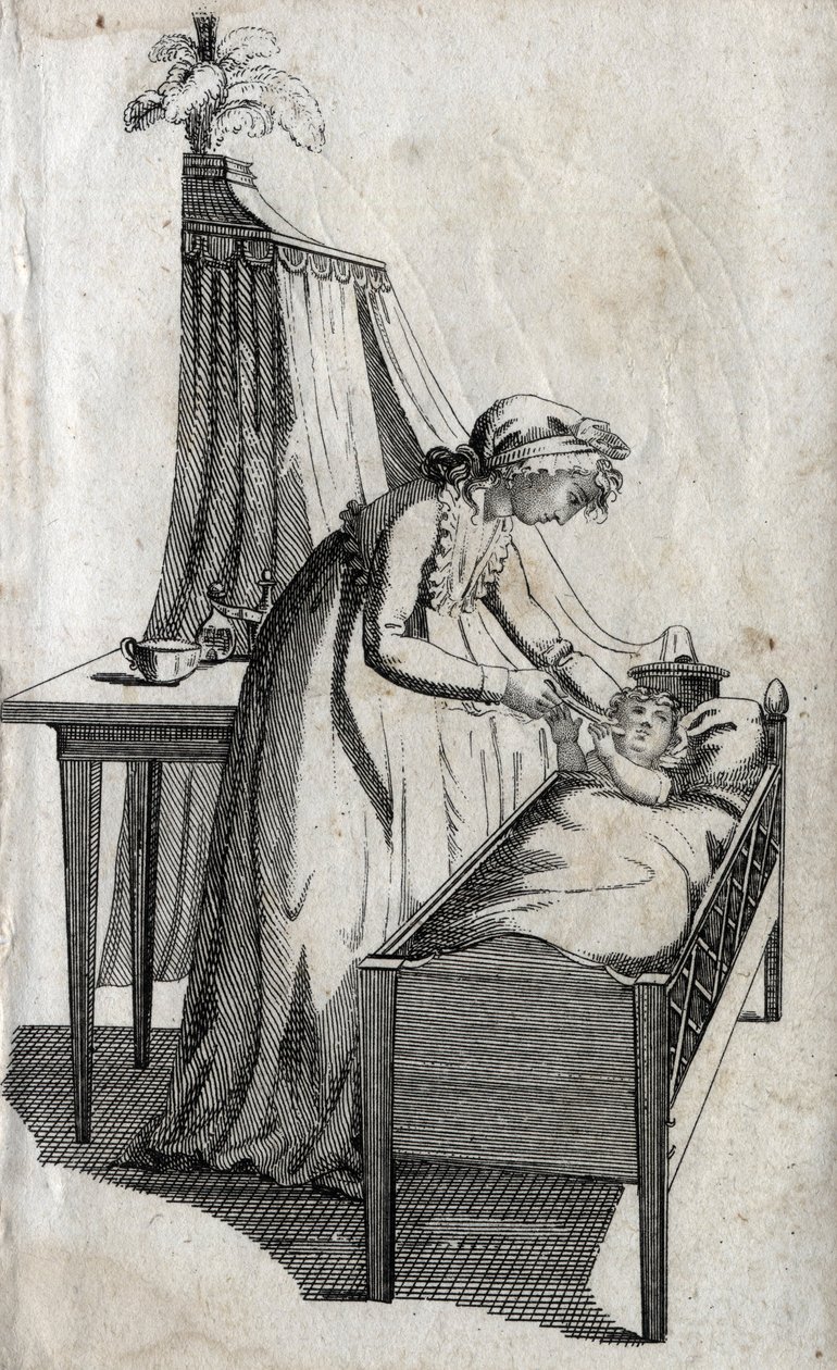 Mor og baby i en vugge. Gravering sent på 1700-tallet. Privat samling. av Unknown artist