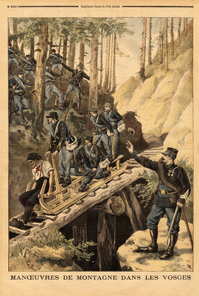 Fjellmanøver i Vogesene til en bataljon av alpine jegere med en forespørsel om en schlitte, slede for hogst. Gravering i "" Le petit journal"" 19.07.1896. Selvas samling. av Unknown artist