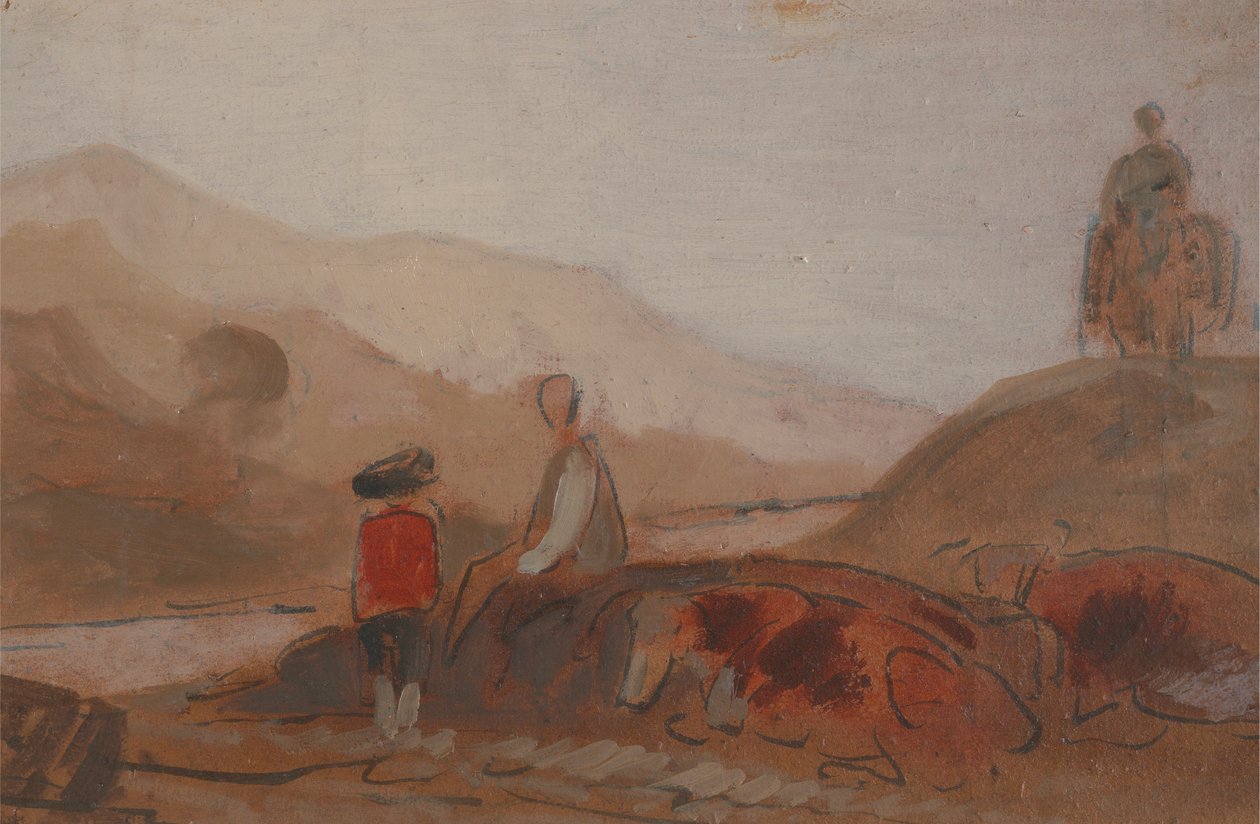 Fjelllandskap med figurer ved en innsjø av Unknown artist