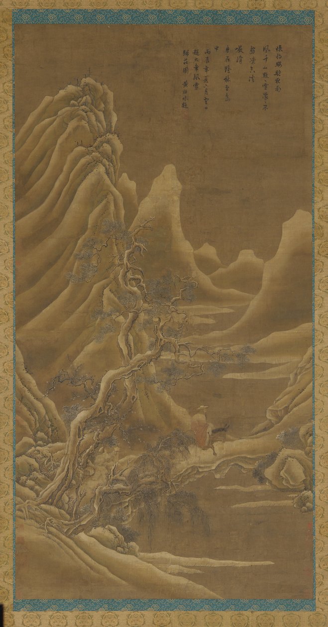 Fjell, en elv og furu – en mann på et esel av Unknown artist