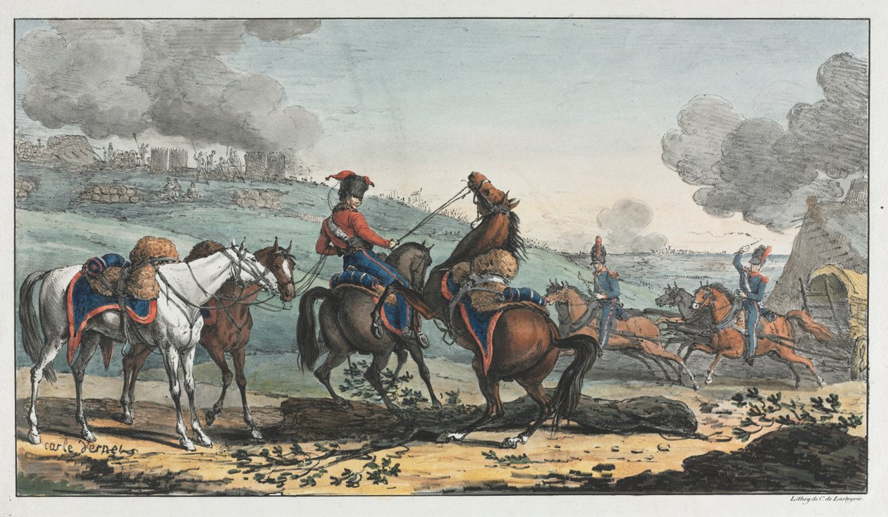 Montert artillerist som leder tre hester av Unknown artist