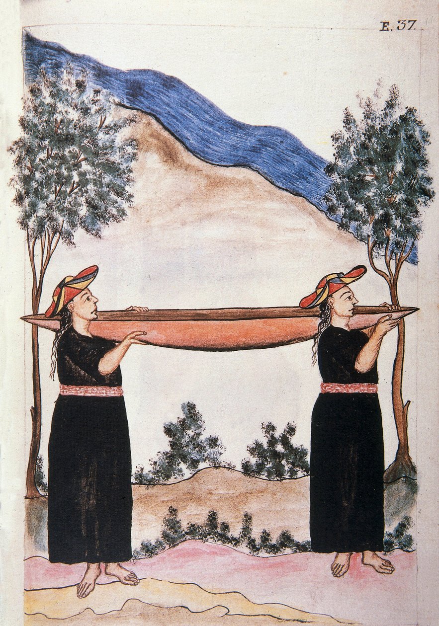 Moyobamba-indianere som har på seg kanoen sin, fra boken "Trujillo del Peru" eller "Codex Martinez Companion", av Baltazar Martinez Companion og Bujanda, biskop av Trujillo (1782-1785) av Unknown artist