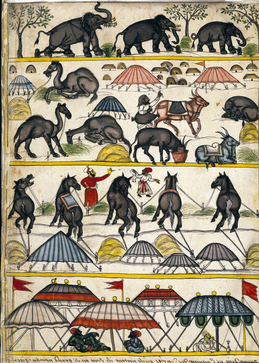 Mughal militærleir. Side fra manuskriptet (ms.8300) “” History of Mogol”” (Moghul eller Moghol) av Stefano Nivibus Cardeira. 18. århundre. Bibloteca marciana, Venezia av Unknown artist