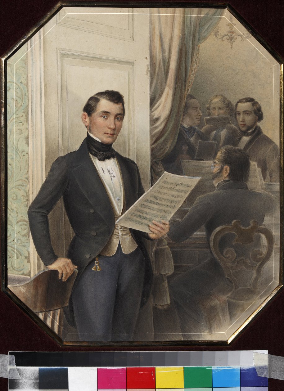 Musikere på prøve, Anonym. Penn, pensel, akvarell, blekk og hvit farge på papir av Unknown artist
