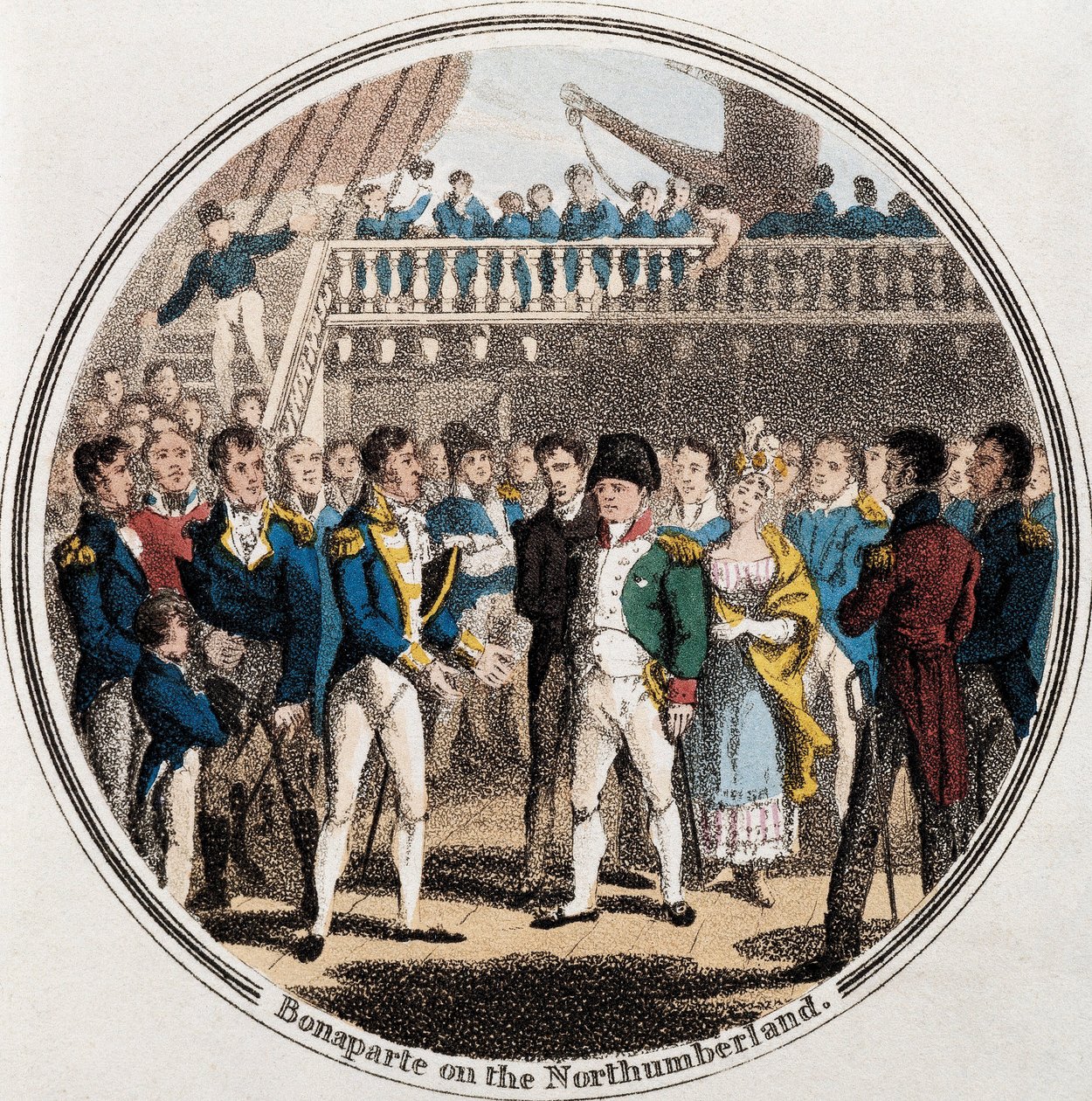 Napoleon Bonaparte og den engelske admiralen George Cockburn på Northumberland akkompagnert av Madame Bertrand (farge litho) av Unknown artist