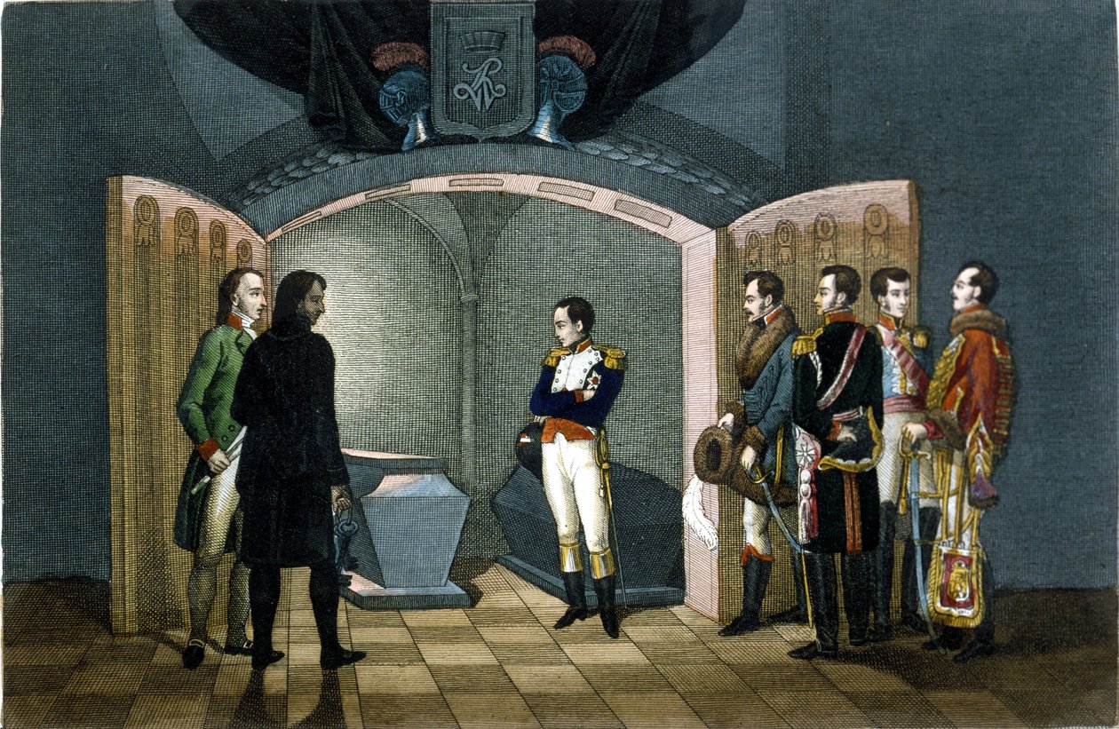 Napoleon Bonaparte foran graven til Fredrik II av Preussen. av Unknown artist