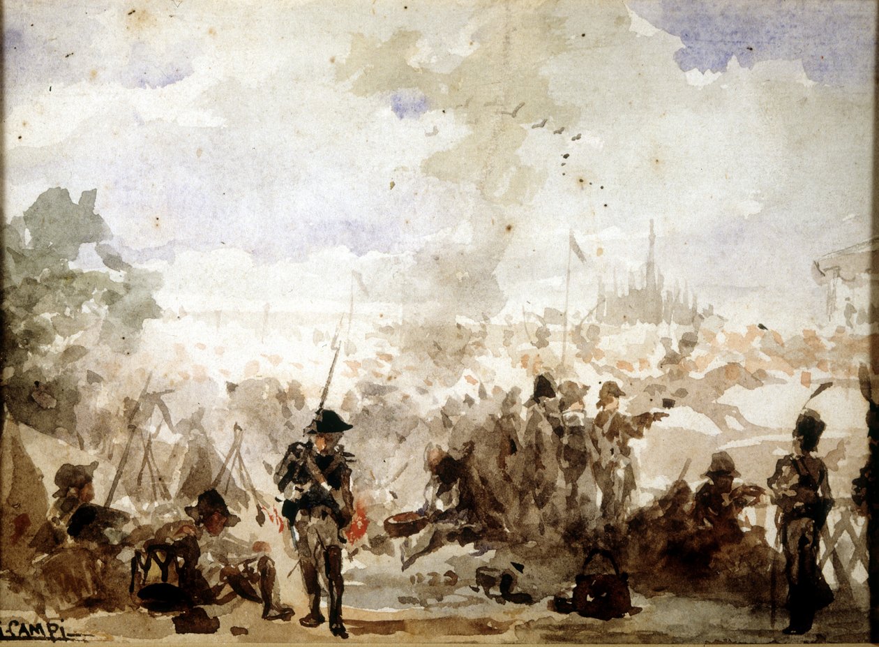 Napoleon og landsbygda i Italia: Franske leirer ved portene til Milano av Unknown artist
