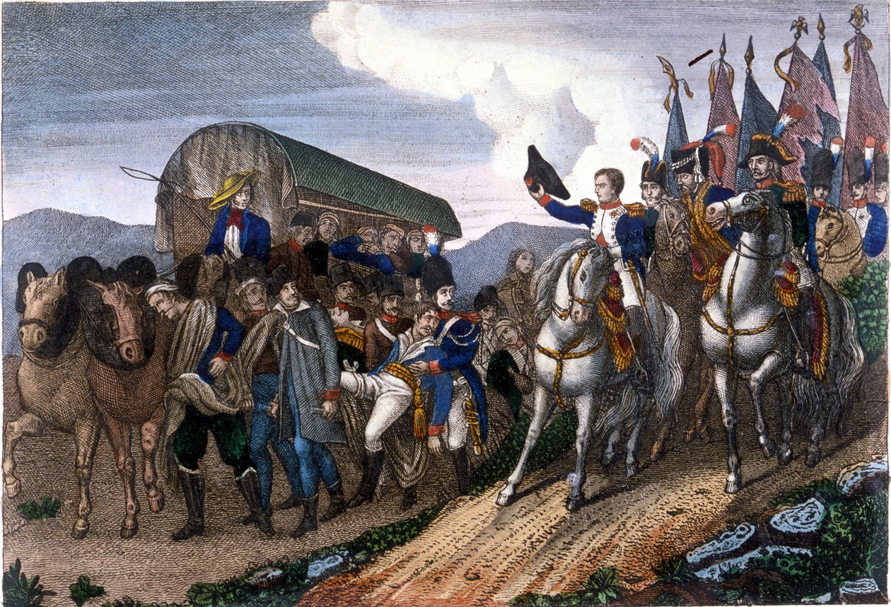 Napoleon hyller sårede soldater. 1800-talls gravering. av Unknown artist
