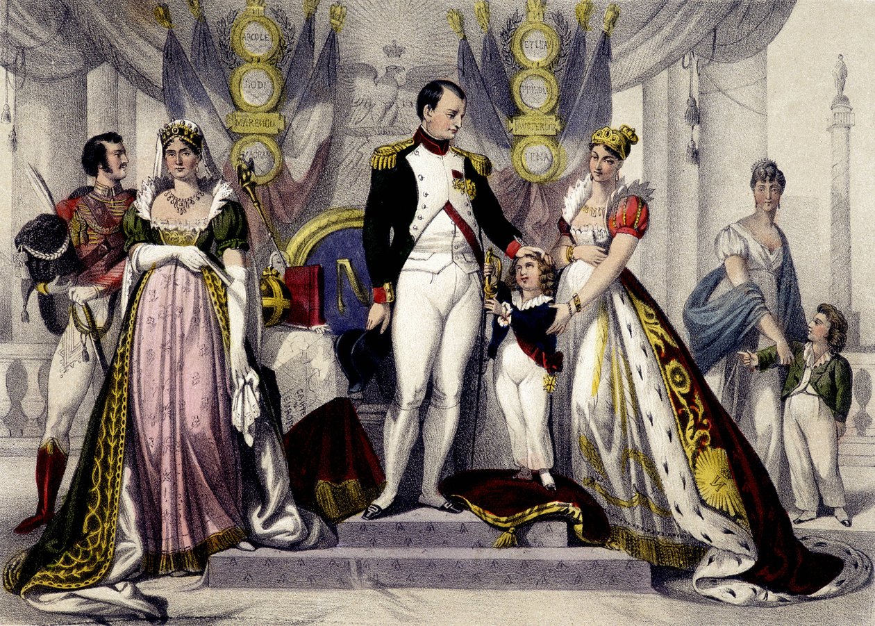 Napoleondynastiet fra 1804 til 1815. Josephine, Napoleon I, konge av Roma, Mary Louise. Gravering av 1800-tallet. av Unknown artist