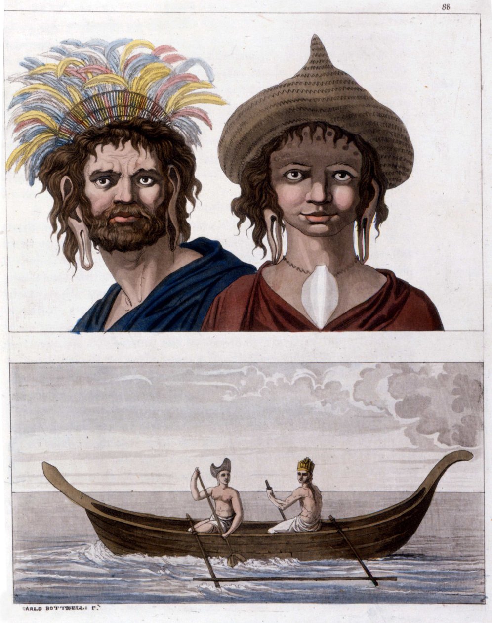 Innfødt på Påskeøya (Rapa Nui) i Polynesia, medlemmer av Long Ears-klanen. Nede, en av båtene deres. - i "" The Old and Modern Costume""" av Jules Ferrario av Unknown artist