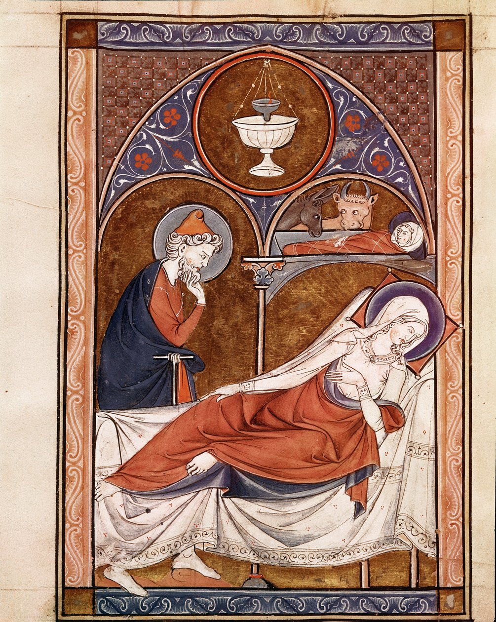 Fødsel: Jomfru Maria er representert her liggende på en seng Side hentet fra manuskriptet "" Psalterium Cum Calendario"" Padua fra 1200-tallet, seminarets bibliotheque av Unknown artist