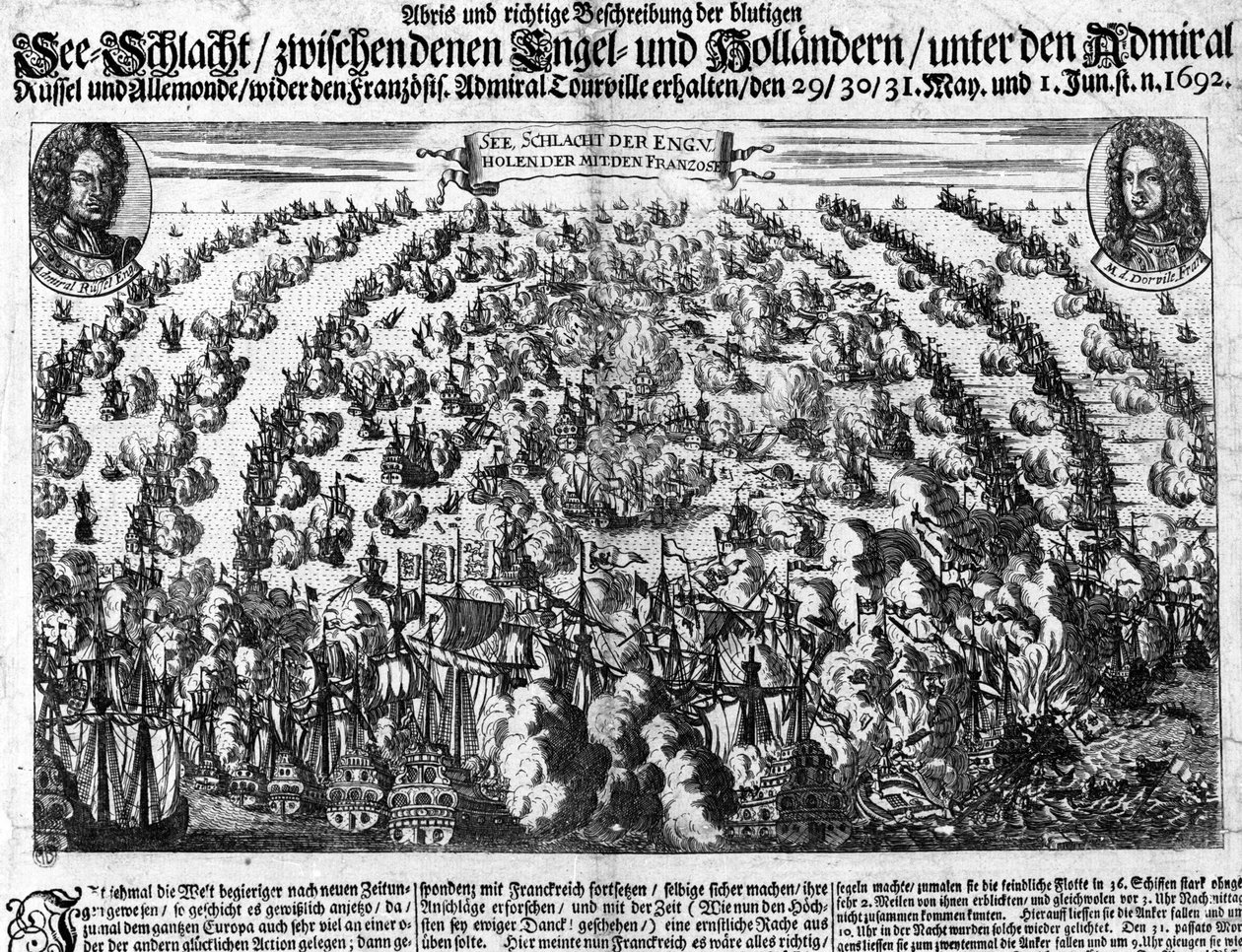 Sjøslaget ved La Hougue (1692) som motarbeidet hæren til Ludvig XIV til Holland. Gravering. 18. århundre. av Unknown artist