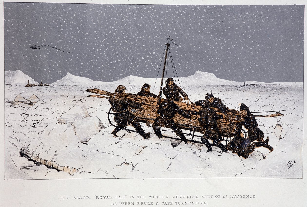 Nær elven, Gulf of St. Lawrence: båt på slede, nær Brule og Cape Tormentin - i "" Skisser av kanadisk sport og tidsfordriv"" av Lieut. Henry Buckton Laurence av Unknown artist