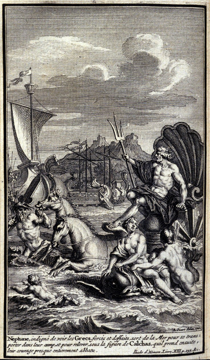 Neptun, som er uverdig til å se grekernes styrker og gjerninger, forlater havet for å frakte seg til leiren deres, og for å reise seg opp under figuren til Calchas som han så tar, deres mot nesten fullstendig ødelagt. Illustrasjon av bok XIII av Iliaden av av Unknown artist
