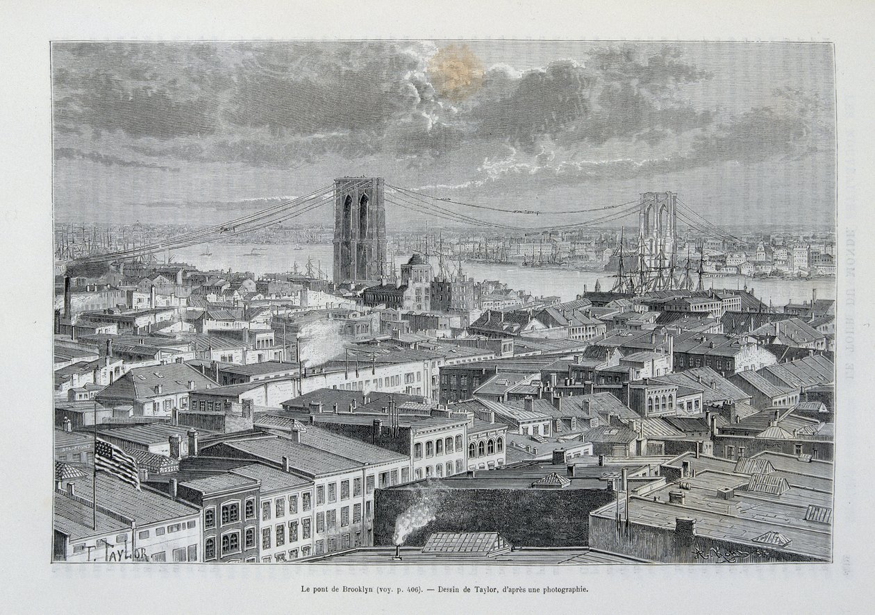 New York og Brooklyn Bridge under bygging - i "" The World Tour"", 2. Sem. 1881 av Unknown artist
