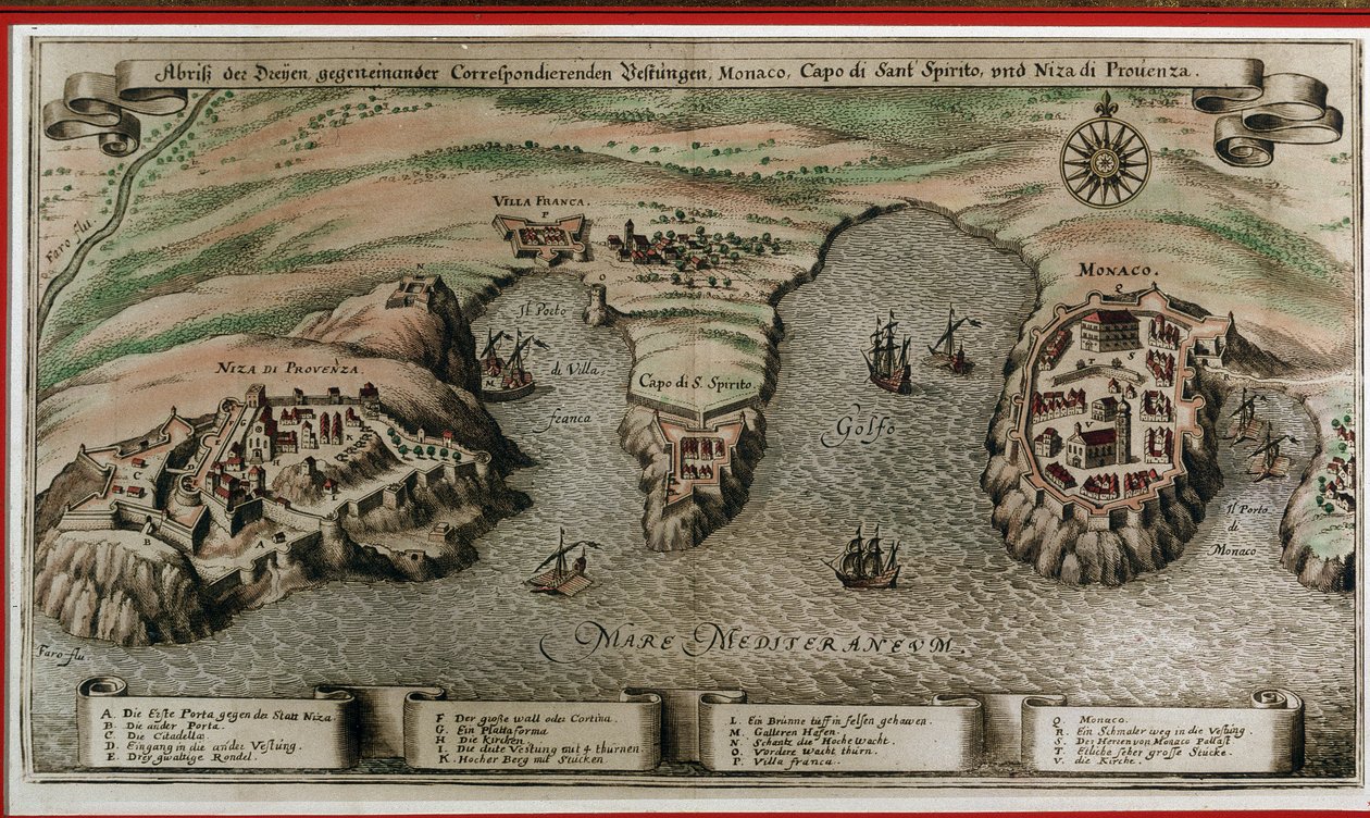 Nice, Villefranche og Monaco på 1600-tallet (geografisk decoupe) av Unknown artist