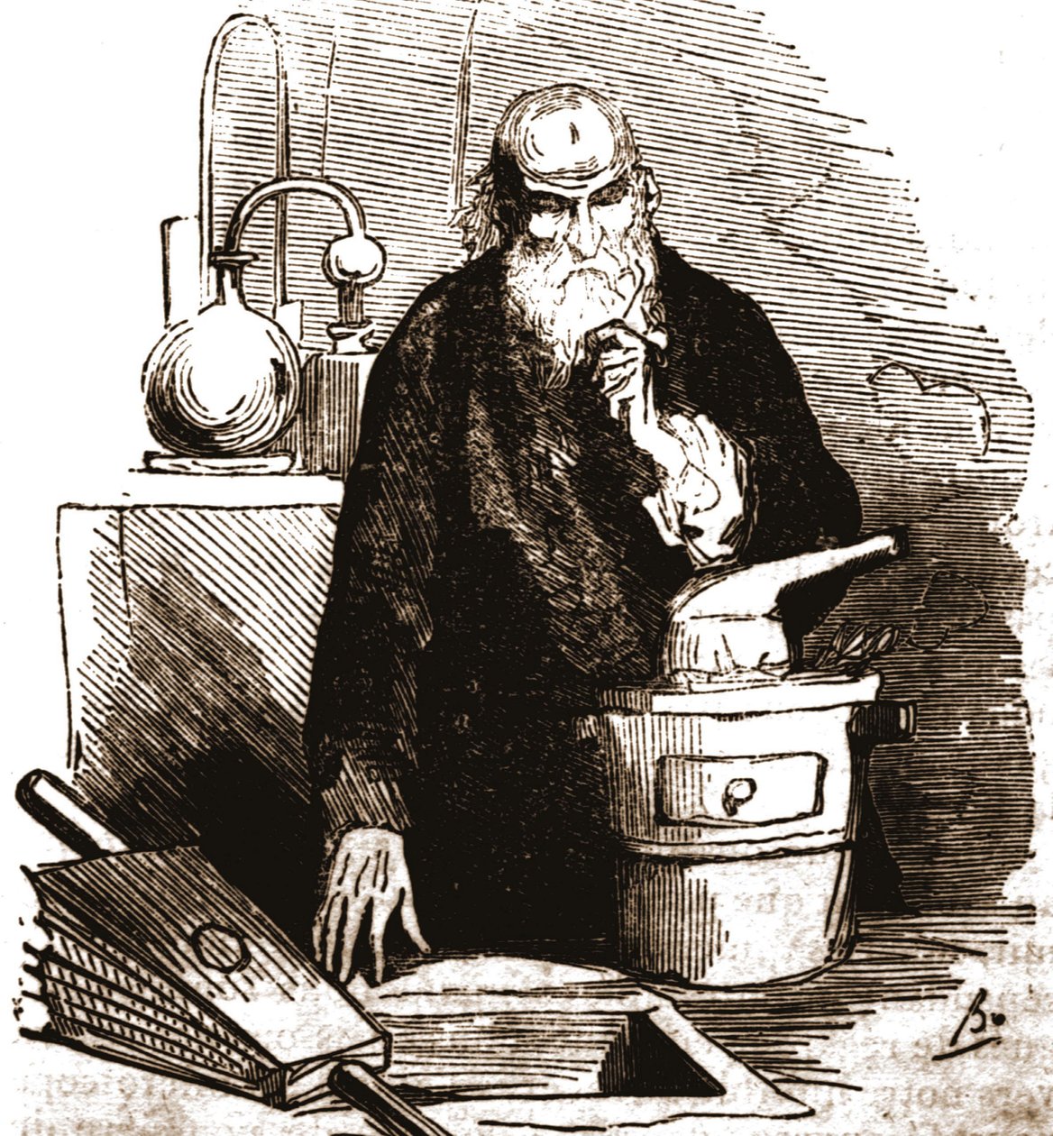 Nicolas Flamel (1330 - 1418) i laboratoriet hans. av Unknown artist