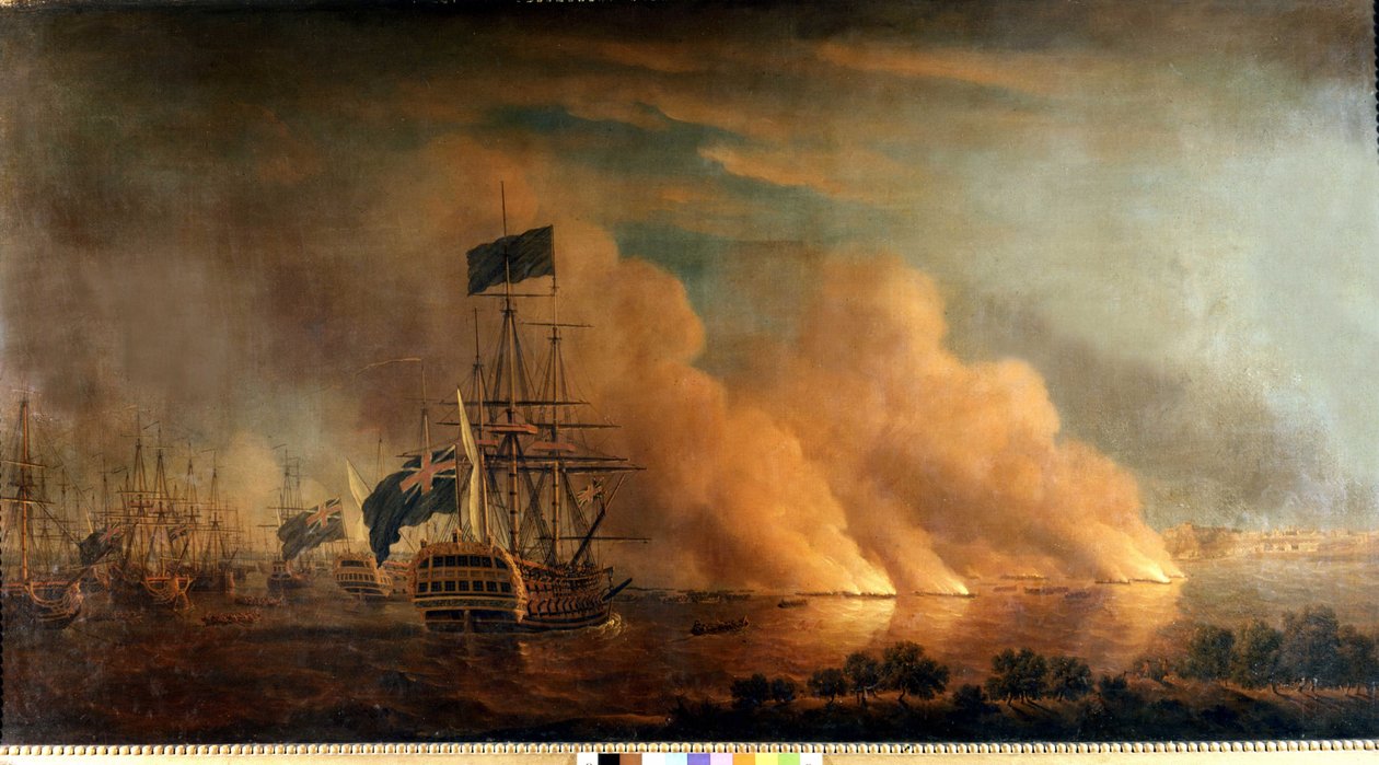 Nattagrep av de franske brulotene mot den engelske flåten i havnen i Quebec: tatt av engelskmennene 28.06.1759. Maleri. av Unknown artist