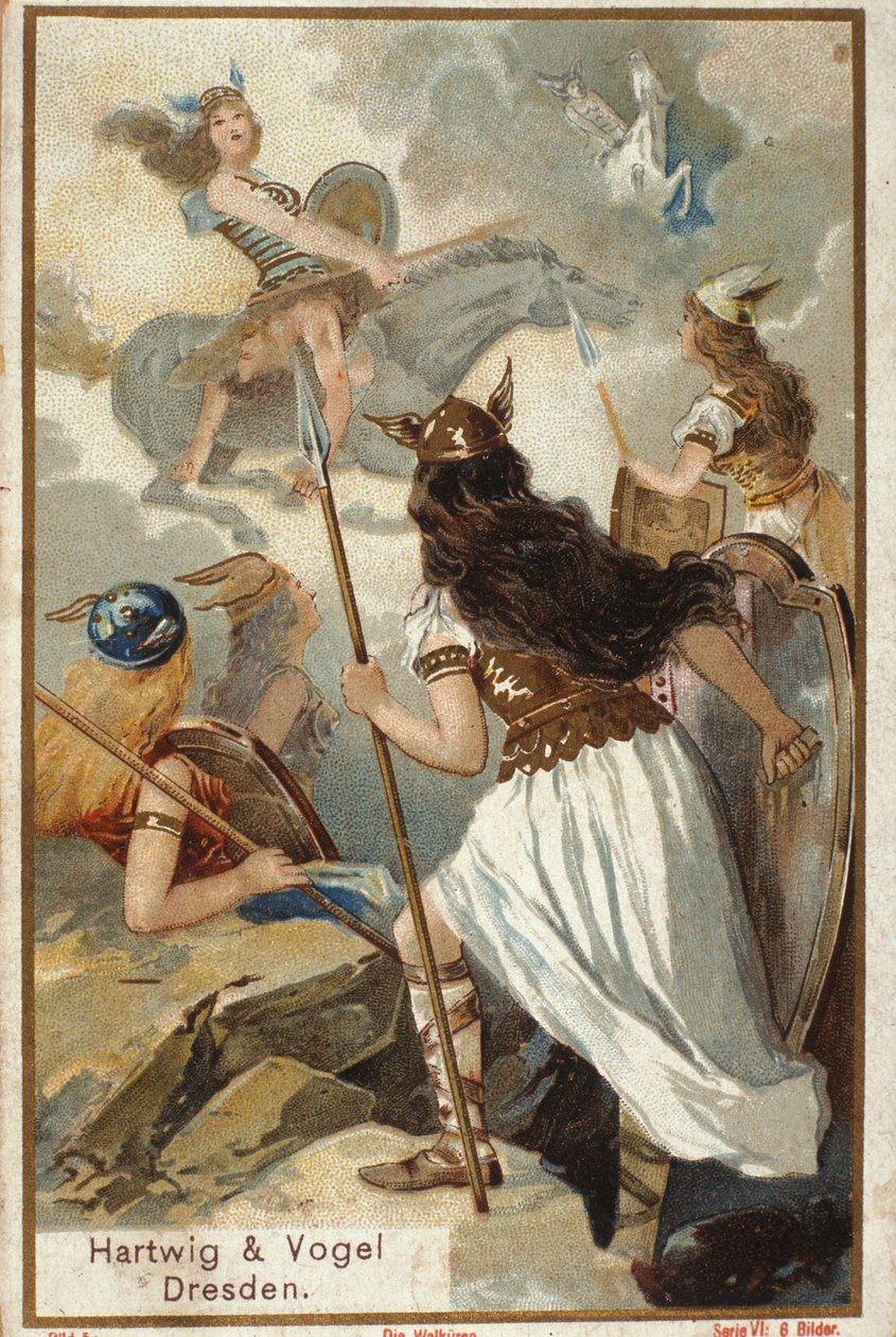 Nordisk mytologi: Walkyries (jomfrukrigere) i Valholl (eller Walhalla, Valhalla, Valhalle: sted hvor modige krigere blir brakt) og krigeres fall i kamp. kromolitografi fra 1800-tallet av Unknown artist