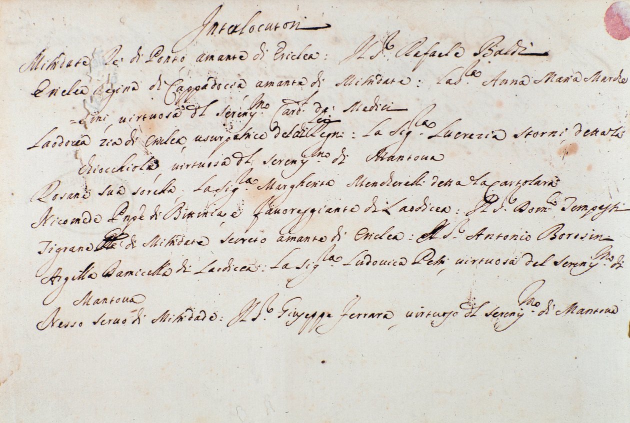 Notater om iscenesettelsen av operaen Mithridate av Giuseppe Aldrovandini (1706) av Unknown artist