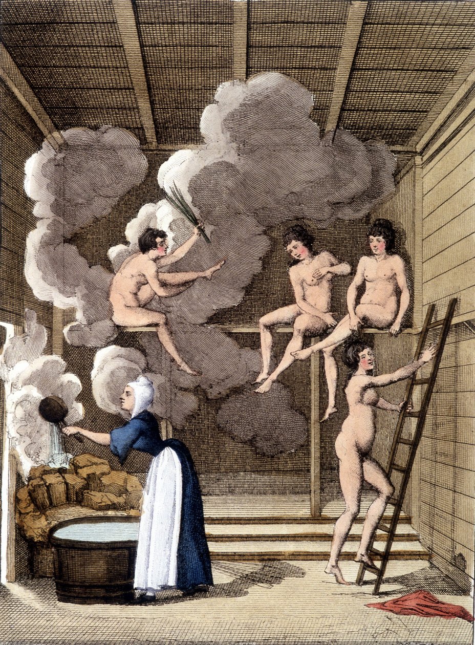 Nakenfigurer i en filandansk badstue. Gravering fra 1811 inkluderer en bok om reisen. av Unknown artist