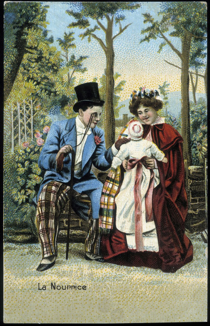 Sykepleier med en baby som snakker med en mann i en park - chromo., sent på 1800-tallet av Unknown artist