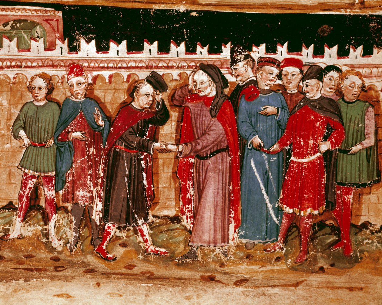 Tjenestemenn for miniatyrgabellen fra manuskriptet (Ms. H V-5) "Codex de Privileges"" av Unknown artist