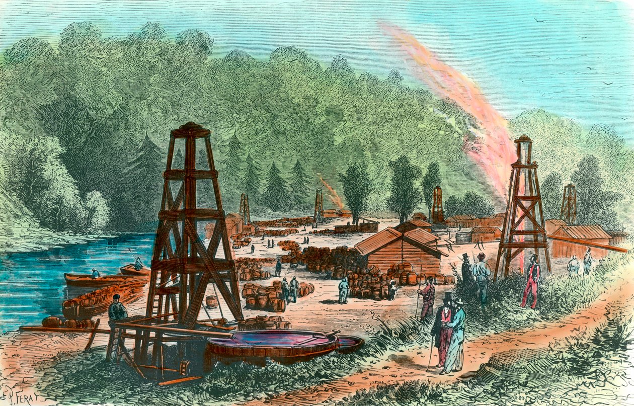 Oljebrønner på Tarr Farm i Pennsylvania, USA. Gravering av 1800-tallet. Privat samling av Unknown artist