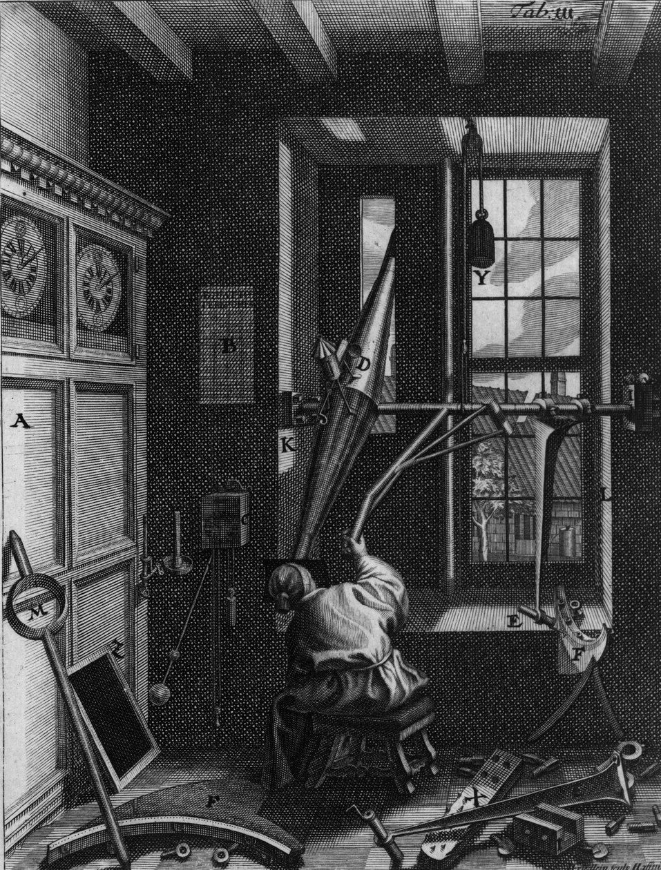 Olaus Romer (Ole), Danish Astronomer (1644-1710) observes the eclipses of Jupiter
