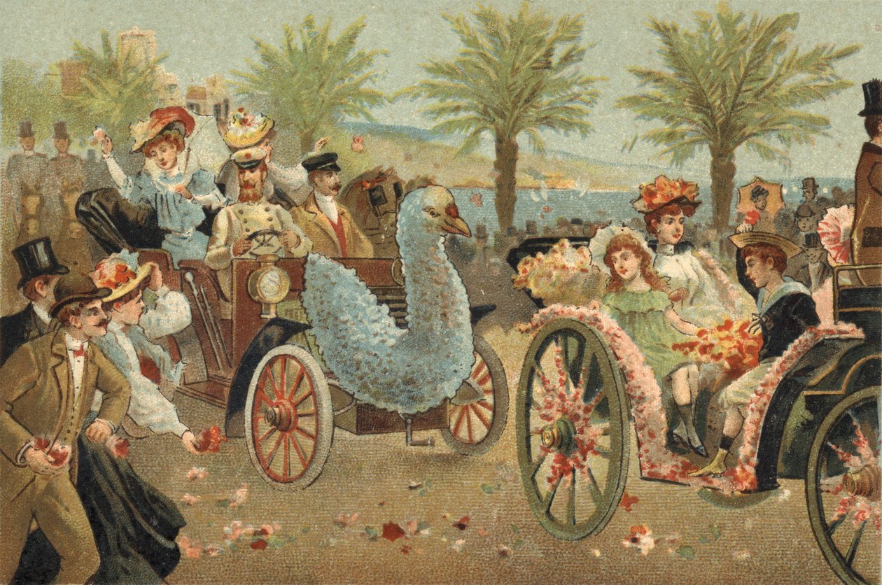 Old custom celebrated in the county of Nice: the floral corso in Nice. Chromolithography of the late 19th century. av Unknown artist