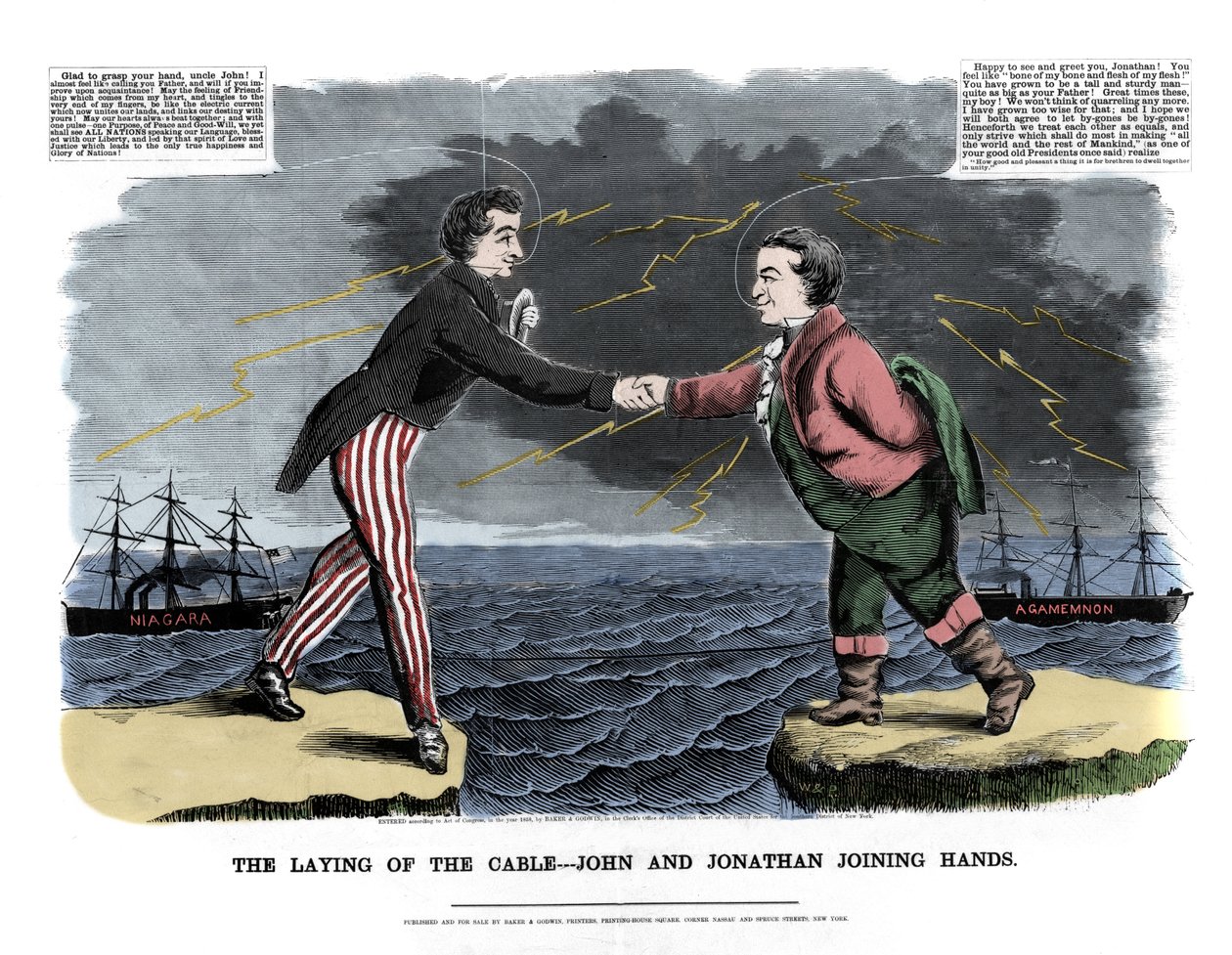 Den 17.08.1858 ble den første transatlantiske meldingen utvekslet: to allegoriske figurer som representerte John (England) og Jonathan (USA) gratulerte hverandre for suksessen med undervannskabelbruddet mellom Europa og den nye verden. Bak th av Unknown artist