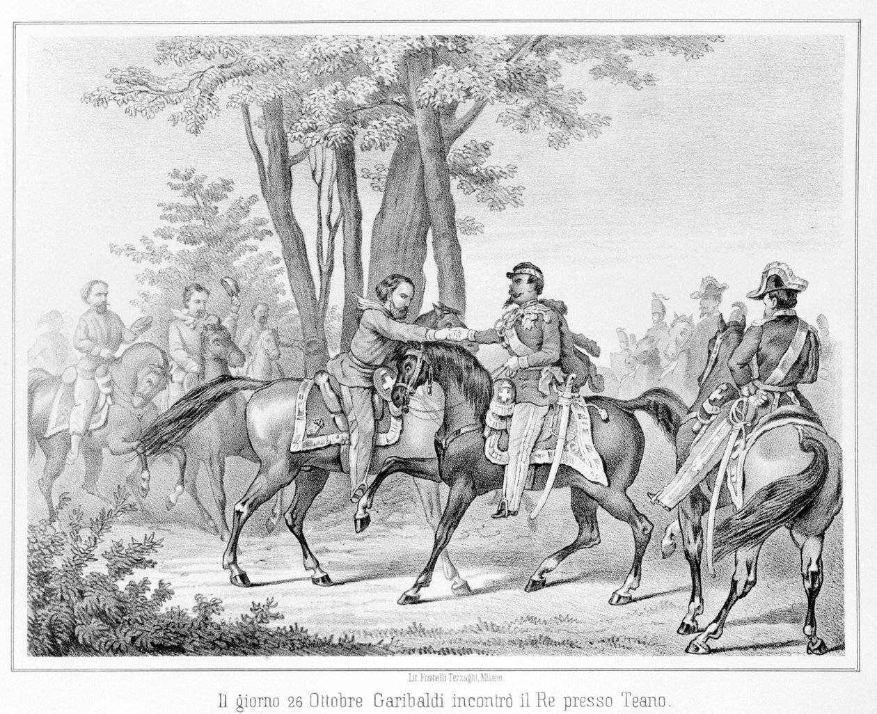 Den 26. oktober 1860 møtte Giuseppe Garibaldi kong Victor Emmanuel II (Victor-Emmanuel) (Vittorio Emanuele) nær Teano. Gravering av 1800-tallet. av Unknown artist