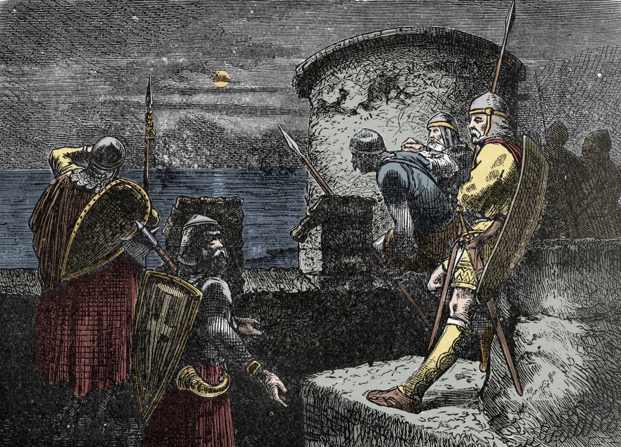 På utkikk etter nordmenn - varegue-vakten (Varangian) observerer horisonten bak festningsverkene av Unknown artist