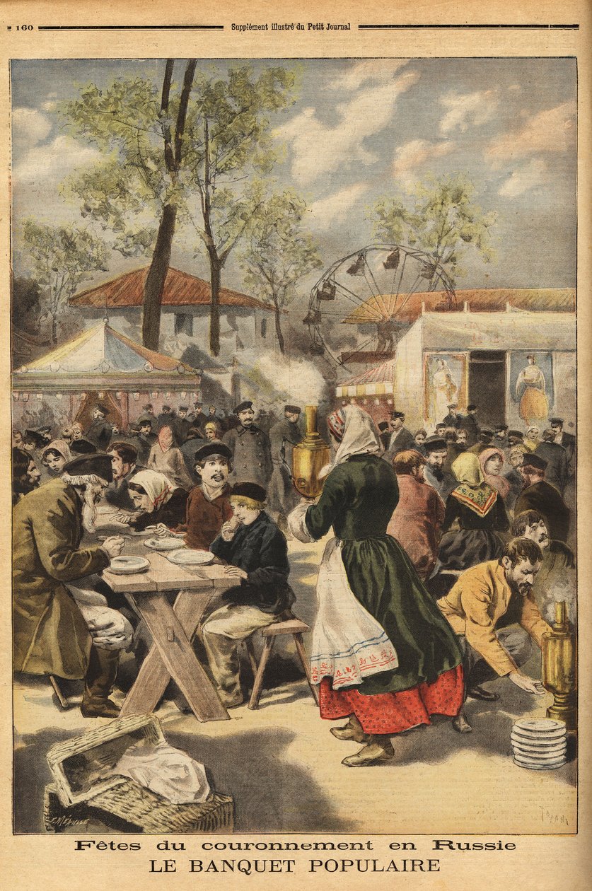 I anledning kroningen av tsar Nicholas II tilbys en populær bankett til 500 000 russere på Khodinskoie-manøverfeltet i Moskva, innledet med teaterforestillinger. Gravering i "" Le petit journal"" 17.05.1896. Selvas samling. av Unknown artist