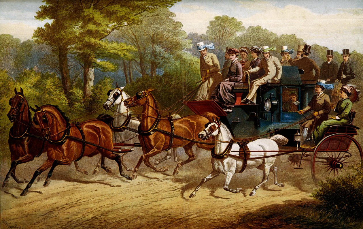 På vei til derbyet. Fiacre og omnibus trukket av hester som skal til et derby av Unknown artist