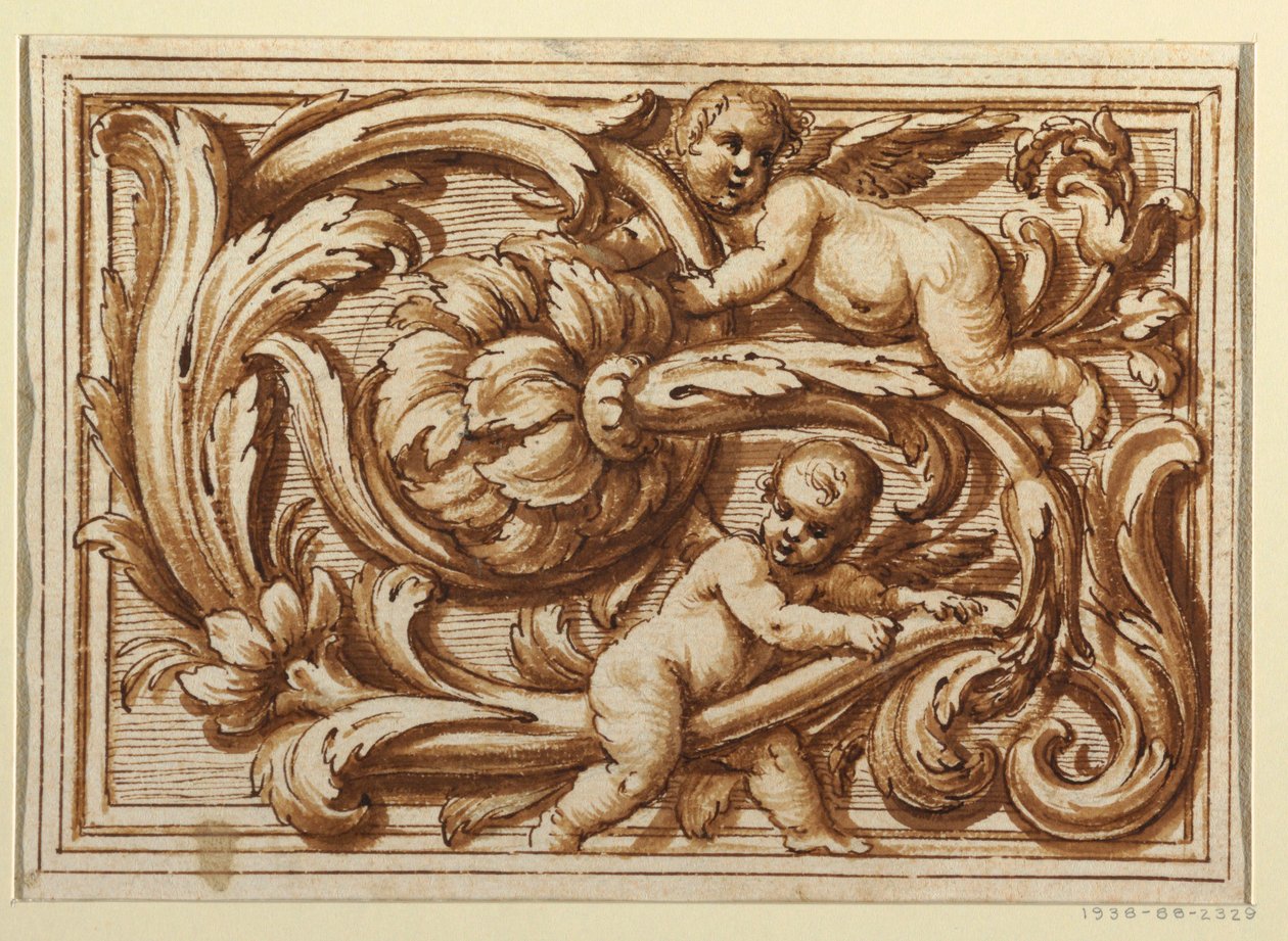 En av et sett med design for en tittelside og dekorasjon av et horisontalt panel av Unknown artist